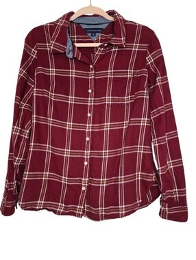 Tommy Hilfiger maroon and white plaid button-down flannel shirt.